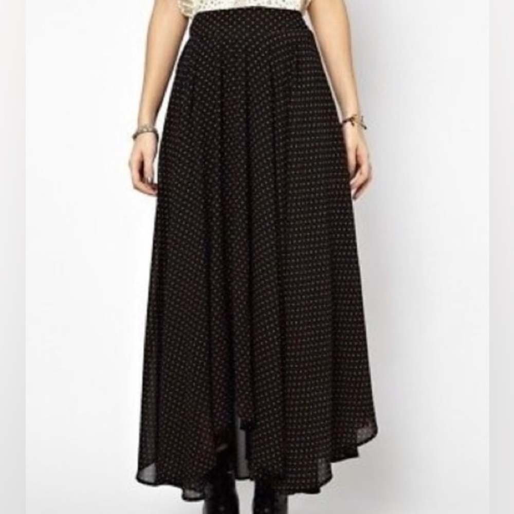 Free People Black & Tan Polka Dot Lovely Lady Maxi Skirt